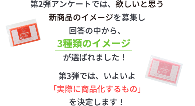 第2弾アンケートでは、欲しいと思う新商品のイメージを募集し回答の中から、3種類のイメージが選ばれました！第3弾では、いよいよ「実際に商品化するもの」を決定します！